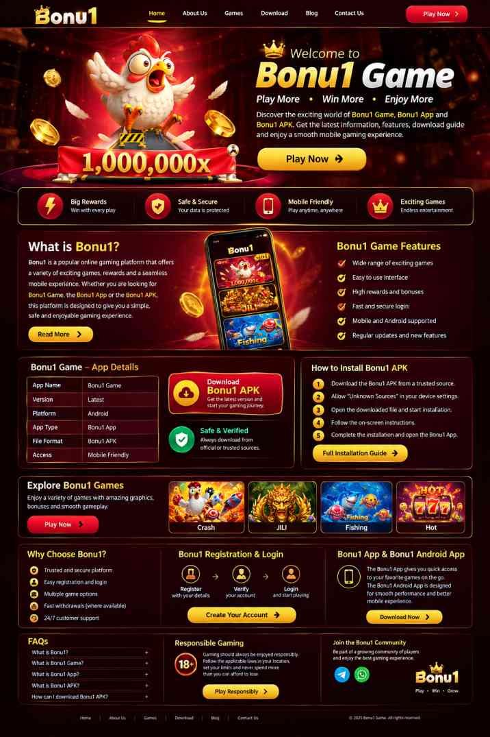 Bonu1 Game homepage with mobile gaming features and app download section